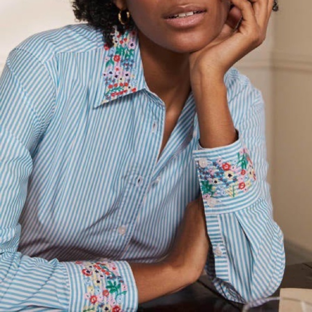 Boden Agnes Oversized Shirt Fine Blue Ticking Stripe Cotton Embroidered US 16